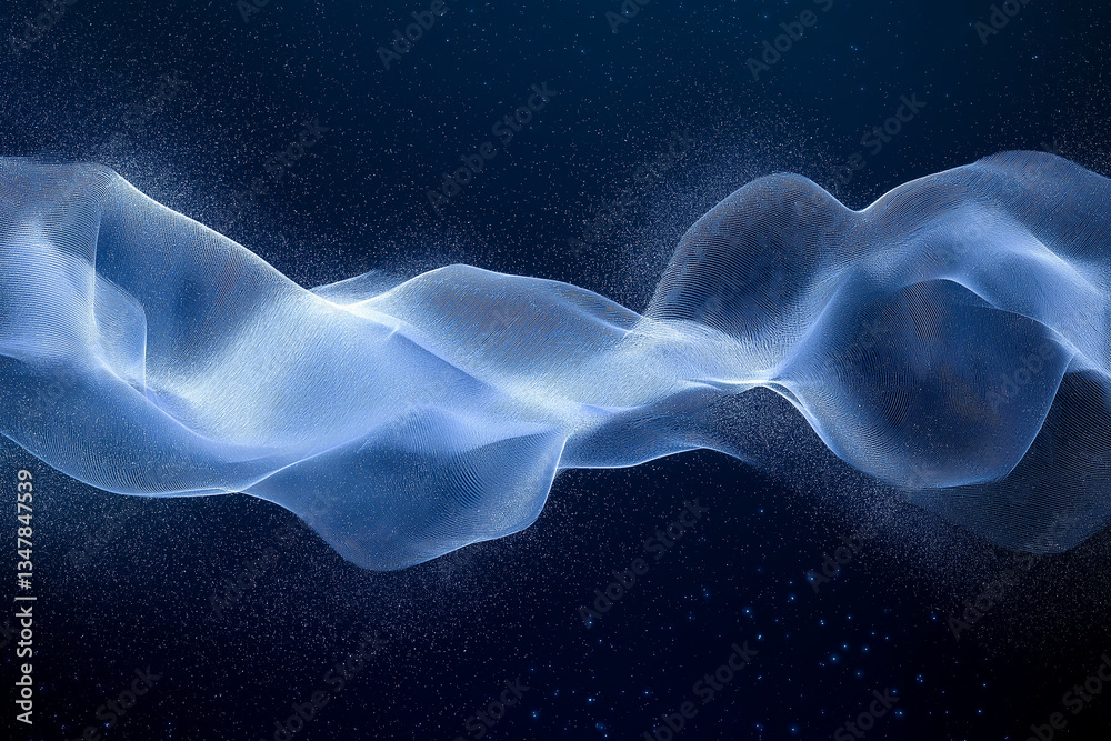 Poster abstract blue wavy lines flowing on dark background with glitter particles