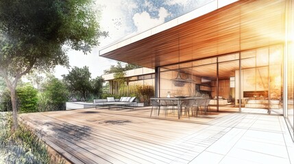 Naklejka premium Modern White House Exterior with Glass Windows and Green Trees on Sunny Day with Artistic Pointillism Style