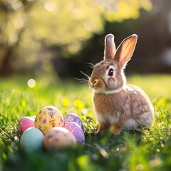 Rabbit with colorful Easter eggs