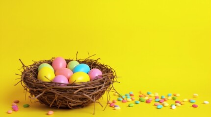 Obraz premium Easter Eggs Nest Yellow Spring, aster eggs in various colors pink, blue, yellow, orange, purple, green in a nest.