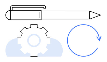 Pen symbolizing creativity with gear and circular arrow representing innovation, progress, and cyclical processes. Ideal for design, learning, workflow efficiency, product development, planning. Flat