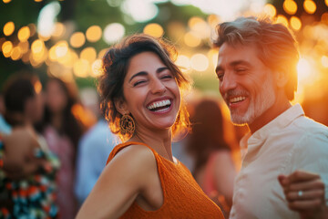 Happy couple dancing and laughing at outdoor summer party