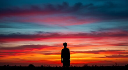 Obraz premium Silhouetted solitary figure standing against a vibrant, multi-colored sunset sky with dramatic clouds, concept for contemplation, personal journey and finding peace