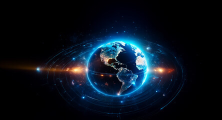 Obraz premium Glowing Earth in dark space with digital blue orbits and bright light streak. Futuristic, global connection concept. Technology and science abstract background.