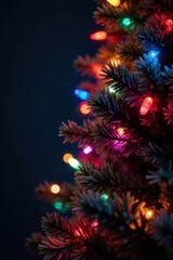 Twinkling lights and colorful electric cables adorn a Christmas tree against a dark background , colorful, lights