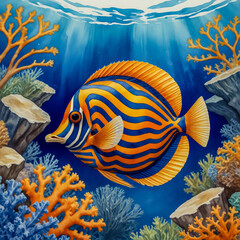 Watercolor Illustration of a Chevron Tang in the Reefs of Hawaii.  A chevron tang gliding through the crystal-clear waters of Hawaii