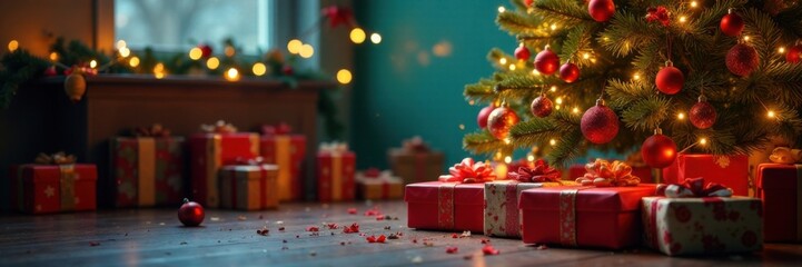 Vibrant array of festive gifts surrounded by a beautifully decorated Christmas tree, christmas tree, festive gifts
