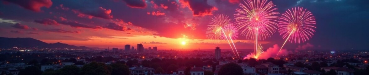 Vibrant fireworks display at dusk over a cityscape at sunset, colors, cityscape