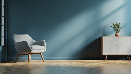 Modern living room corner with armchair and cabinet, sunlight streaming in