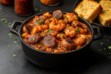 Gumbo soup showcases a rich blend of flavors and ingredients in a traditional Louisiana dish with shrimp and sausage