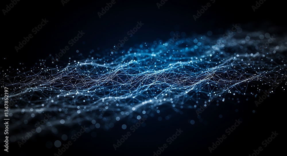 Poster interconnected network glowing data flow on dark backdrop abstract digital connection lines and dots