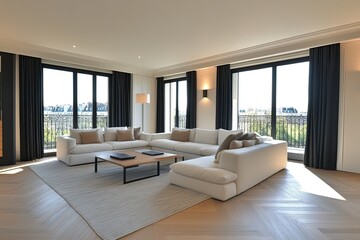 Modern Parisian apartment living room with city views