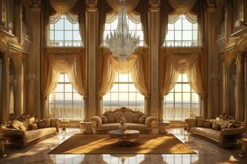A luxurious grand living room with elegant golden decorations and furniture