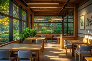 Obraz premium Serene Cafe Interior Design: Sunlight Illuminates Wooden Tables and Chairs near Lush Greenery, Creating a Tranquil Atmosphere for Relaxation and Dining.