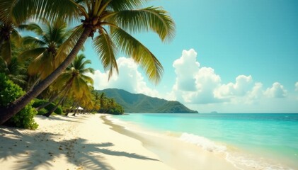 Vintage toned film camera captures serene moment on tropical sandy beach with swaying palm trees and calm ocean waves, serenity, palm trees