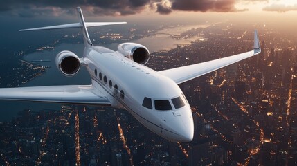 Fototapeta premium Private Jet Flight over City at Dusk Luxury Travel