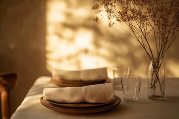 Reusable cloth napkin set neatly arranged dining table high fidelity fabric detail soft fold elegant minimalist aesthetic cinematic warm lighting hyper realistic texture eco conscious dining concept