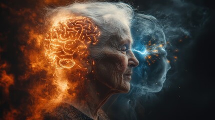 Ethereal Elderly Profile Concept Art: Imagination and Wisdom in Surrealism and Spiritual Transformation with Blue Glow Smoke Double Exposure