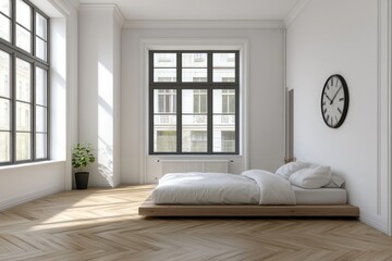 A bright modern bedroom with bed window and clock
