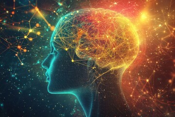 Digital illustration of a person's head with connected brain networks in space