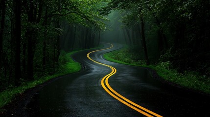 Fototapeta premium Winding road through a misty forest