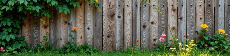 Fototapeta premium weathered wooden fence with vines and flowers , fence, wood grain