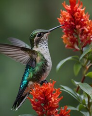 Fototapeta premium Beautiful female Blue-Tailed Emerald (Chlorostilbon mellisugus) hummingbird in flight feeding on red flowers. Ai Generative.