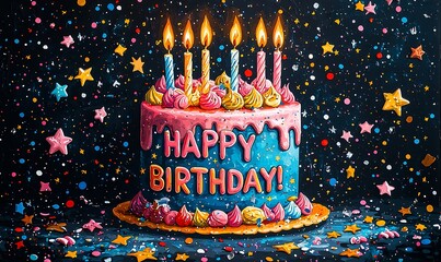 A vibrant birthday card with bold lettering, a cake, patterns, stars, and confetti on a black background