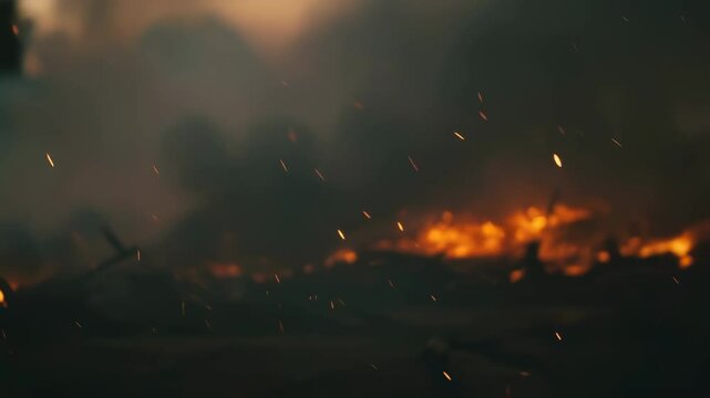 Devastating aftermath of war: Raging flames and smoke engulf battlefield at night. Concept for Memorial Day, Veterans Day, or wartime documentary.