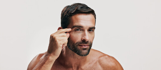 Check, wrinkles or portrait of man in studio for skincare glow, face beauty or dermatology....