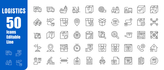 Set of editable logistics icons. Shipping, transportation, delivery, storage, distribution, and more. Modern-style vector illustration