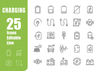 Set of editable charging icons. Battery, electricity, renewable energy, chargers, solar panel and more. Modern-style vector illustration
