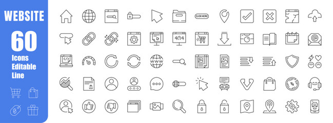 Set of editable website icons. Development, design, hosting, SEO, and more. Modern-style vector illustration