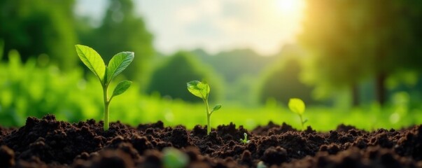 Young coffee bean seedlings stretch towards the sky with vibrant green leaves amidst lush greenery and sunlit trees, new beginnings, seedling