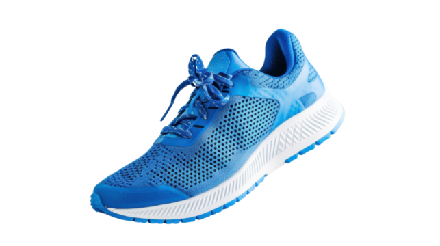 One light blue sneaker with white sole floating on transparent background