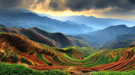 Lush green and brown terraces layered across rolling mountains