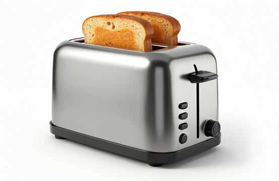 Modern stainless steel toaster with two slices of bread. Shiny electric kitchen appliance, home equipment for cooking breakfast, brunch. Closeup of hot toasted bread in morning. Black control panel.