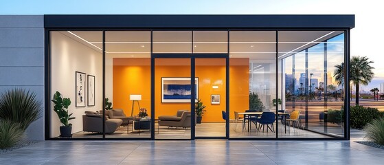 Modern glass building with office and city view.