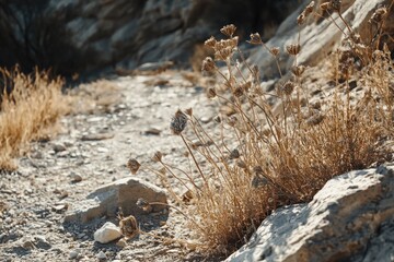 Dried wildflowers on a rocky mountain trail