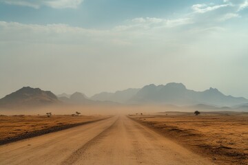 Dusty desert road leading to mountains under hazy sky