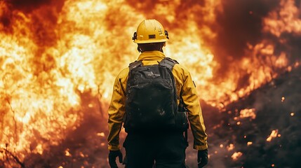 Naklejka premium Firefighter Facing Inferno: A Courageous Stand Against Wildfire