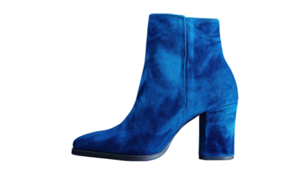 Blue suede ankle boot with block heel on transparent background