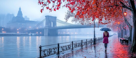 Foggy city view with bridge, water, woman, and trees.