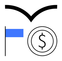 Flag signifies milestone, coin represents monetary pursuit, curved icon symbolizes growth or progress. Ideal for success, finance, investment, progress, goals ambition achievement. Flat simple