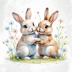 Watercolor images of Easter showcase soft pastel tones of bunnies, eggs, and religious symbols, capturing the beauty of spring and renewal with delicate brushstrokes on an isolated white background.