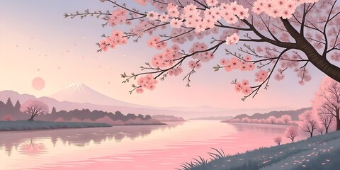 Cherry Blossom Branches and a Peaceful River in a Picturesque Spring Dawn banner and cover