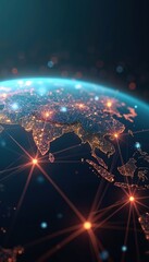 Digital globe with connection lines and lights. Worldwide technology concept. Tech network connects continents, data transfer. Modern design for data centers, internet, social media.
