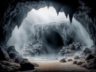 Mysterious foggy cave with jagged rocks and sandy floor.