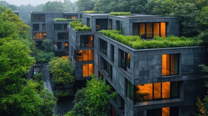 Fototapeta premium Modern building with green roofs amidst lush trees.
