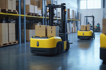 Several forklifts maneuver through a spacious warehouse, carefully transporting stacked boxes. The environment is bright, showcasing organized storage areas with shelves full of goods